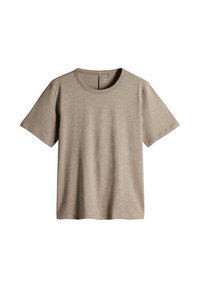 Beige t-shirt med korta ärmar, gjord av mjukt material, med rund halsringning och avslappnad passform. Mjuk textur med minimala sömdetaljer.