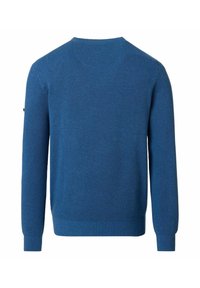 Blauer Strickpullover mit strukturierter Oberfläche, Rundhalsausschnitt, langen Ärmeln sowie gerippten Bündchen und Saum. Keine sichtbaren Logos oder Muster.