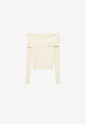 Off-the-shoulder ribbed top in cream, featuring long sleeves and a fitted silhouette. Notable texture with subtle vertical stripes.