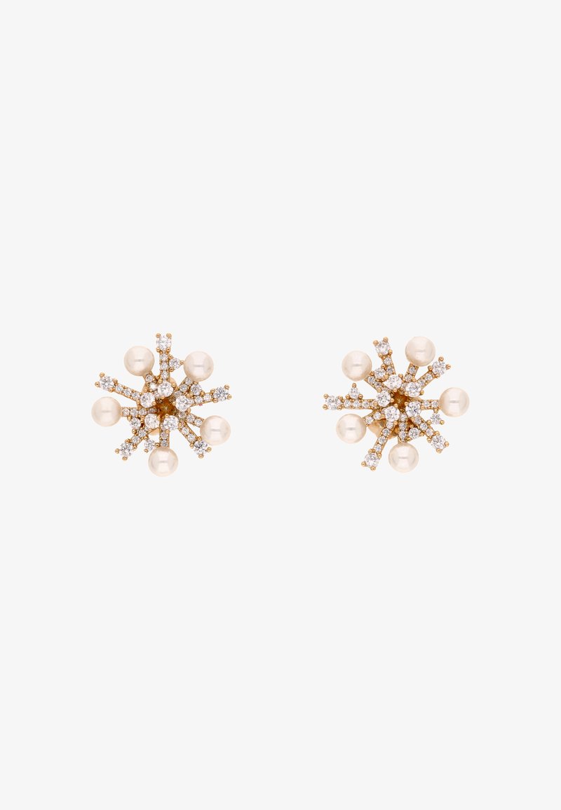 Guldfarvede studs i et stjerneskyde-design, prydet med perler og funkende klare krystaller. Hver ørestik har en blomsterarrangement.