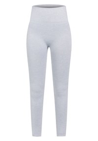 Leggings gris claro con cintura alta, fabricados en tejido elástico. Textura suave y diseño ajustado, adecuados para ropa de deporte.