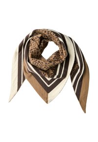 Écharpe marron et beige en forme triangulaire, arborant un imprimé léopard et des rayures audacieuses. Tissu doux avec une texture lisse et des bords soignés.
