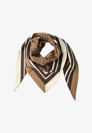 Ruskea ja beige kolmionmuotoinen huivi, jossa on leopardikuvio ja rohkeat raidat. Pehmeä kangas, jossa sileä koostumus ja reunat.