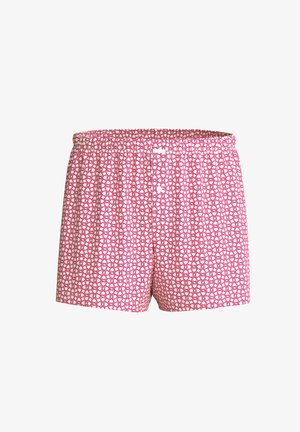 Red and white patterned boxer shorts featuring an elastic waistband and front button closure. The pattern consists of interlinked circles.