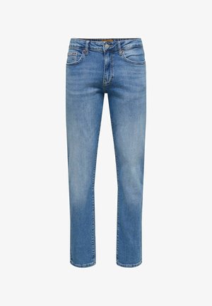 Heren jeans met rechte pijpen in blauwe denim, voorzien van voor- en achterzakken, knoopsluiting en riemlussen.