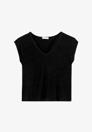 T-shirt noir à col en V fabriqué en tissu doux, avec des manches courtes, une coupe décontractée et des coutures fines le long de l'encolure.