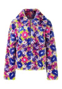 Kolorowa kurtka z futerka ekologicznego z kwiatowym wzorem w odcieniach różu, fioletu, niebieskiego i żółtego. Posiada zamek z przodu oraz miękką, puszystą fakturę.