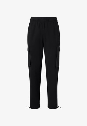 Pantalon cargo noir en tissu doux, doté d'une taille élastique, de poches latérales et de poignets réglables à la cheville.