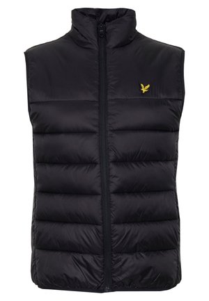 Veste sans manches noire matelassée avec fermeture éclair à l'avant et petit logo d'oiseau jaune sur la poitrine gauche, col montant, design rembourré.