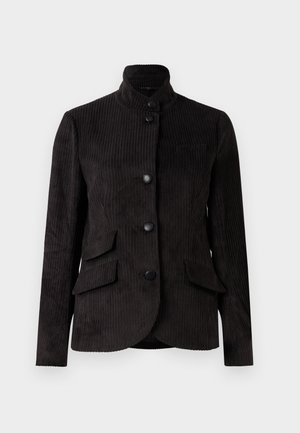 Black corduroy jacket with a mandarin collar, five buttons, and two front pockets. Features a vertical rib texture and tailored fit.
