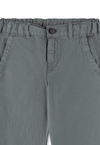 Graue Baumwollmischungshose mit entspannter Passform, ausgestattet mit einem Knopf- und Reißverschluss, Fronttaschen und einem strukturierten Stoff.