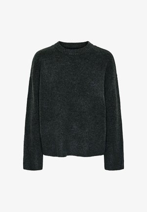 Maglione in lana grigio scuro, collo rotondo, maniche lunghe, orlo leggermente corto, texture morbida, design minimalista, senza motivi visibili o accessori.