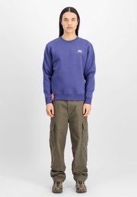 Lilla sweatshirt med rund hals og lille hvidt logo, parret med olivengrønne cargo-bukser med sidelommer, båret med brune mønstrede sko.