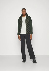 Casaco acolchoado verde escuro com fecho de correr, gola redonda e bolsos laterais, usado sobre uma camisa clara e calças pretas, combinado com sapatos pretos.