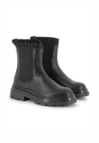 Bottines noires en cuir lisse, avec un col élastique froncé, une semelle épaisse et des panneaux élastiques latéraux pour un enfilage facile.