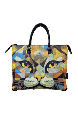 Borsa rettangolare con manici neri che presenta un design colorato di un volto di gatto geometrico in tonalità di giallo, blu, marrone e arancione.