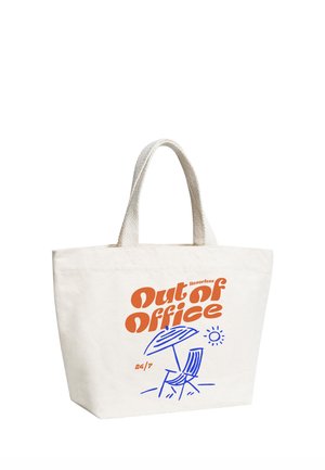 White canvas tote bag with short handles and orange text "Out of Office" above blue beach chair, umbrella, and sun illustration.