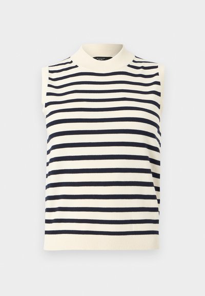 Μπλούζα χωρίς μανίκια σε κρεμ χρώμα με μαύρες οριζόντιες ρίγες, ψηλό στρογγυλό λαιμό και ριμπ τελείωμα, παρουσιάζεται σε λευκό φόντο.