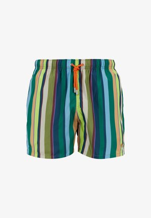 Costumi da bagno colorati con strisce verticali in verde, blu, giallo, arancione e viola, dotati di vita elasticizzata e cordino arancione.