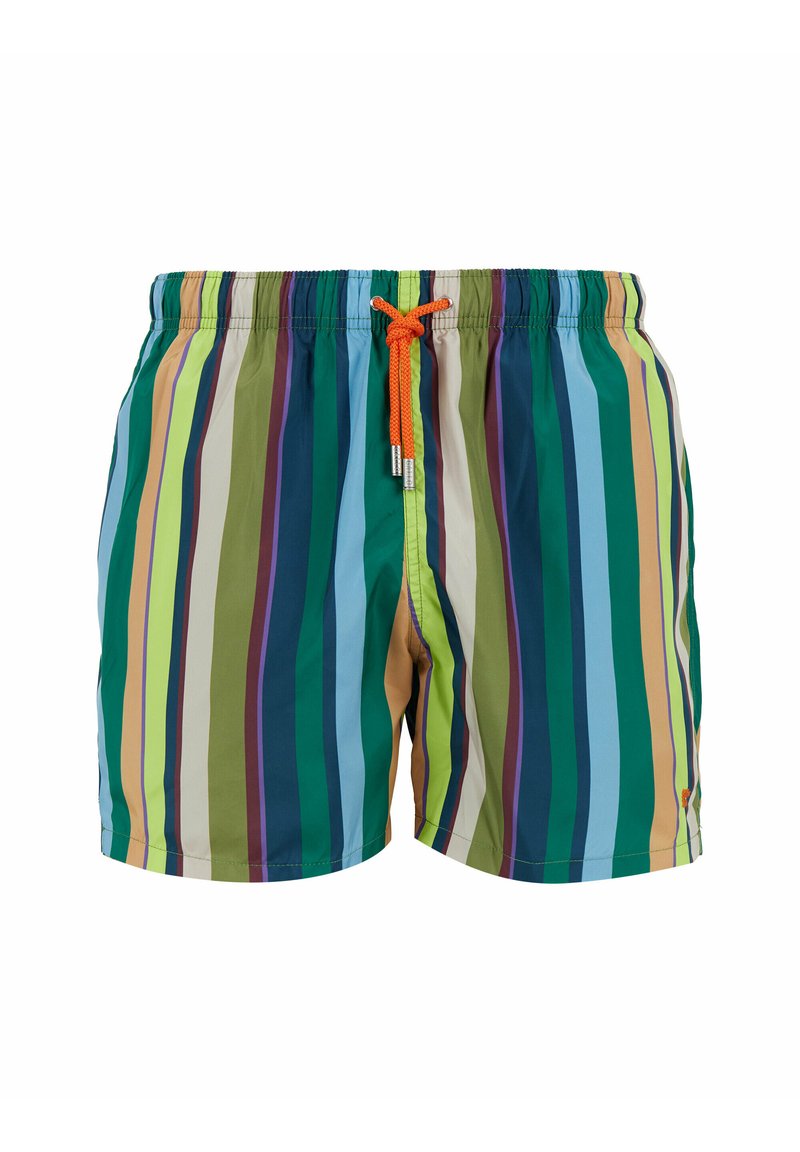 Costumi da bagno colorati con strisce verticali in verde, blu, giallo, arancione e viola, dotati di vita elasticizzata e cordino arancione.
