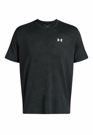 Sort T-shirt med korte ærmer lavet af struktureret stof, med rund halsudskæring og et lille hvidt Under Armour-logo på brystet.