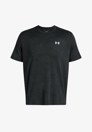 Schwarzes T-Shirt mit kurzen Ärmeln aus strukturiertem Stoff, mit einem runden Ausschnitt und einem kleinen weißen Under Armour-Logo auf der Brust.