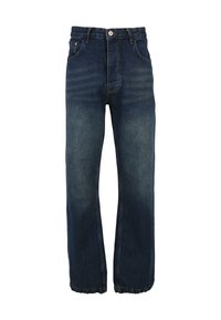 Mørkeblå denimjeans med høy midje, vide ben og en lett slitt nederkant. Har kontraststing og lukking med knapp foran.