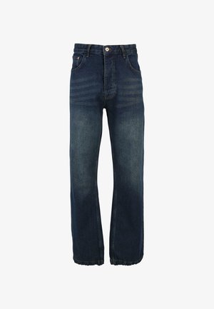 Jeans in denim blu scuro con vita alta, gambe ampie e orlo leggermente sfilacciato. Presentano cuciture a contrasto e chiusura con bottone frontale.