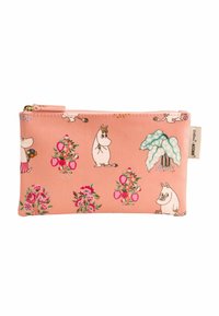 Rožinė medžiaginė maišelis su užtrauktuku, kuriame yra Moomin personažų ir gėlių raštų įvairiomis spalvomis. Textūruotas paviršius su detaliu raštu.