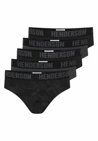Czarne męskie slipy w pakiecie pięciu sztuk, z elastycznymi paskami w talii z markowym logo "HENDERSON" oraz mieszanką tkanin gładkich i wzorzystych.
