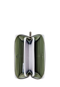 Zippered wallet with a green interior, light blue accents, and multiple card slots. Features textured lining and a metallic zipper pull.