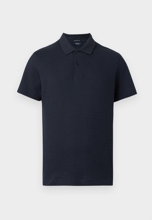 Tengerészkék rövid ujjú galléros póló finoman mintázott textúrával, kétgombos gombsorral és puha gallérral.