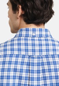 Blå og hvit rutete skjorte med knappestolpekrage, med en yoke-pleat bak og en liten hvit knappedetalj.