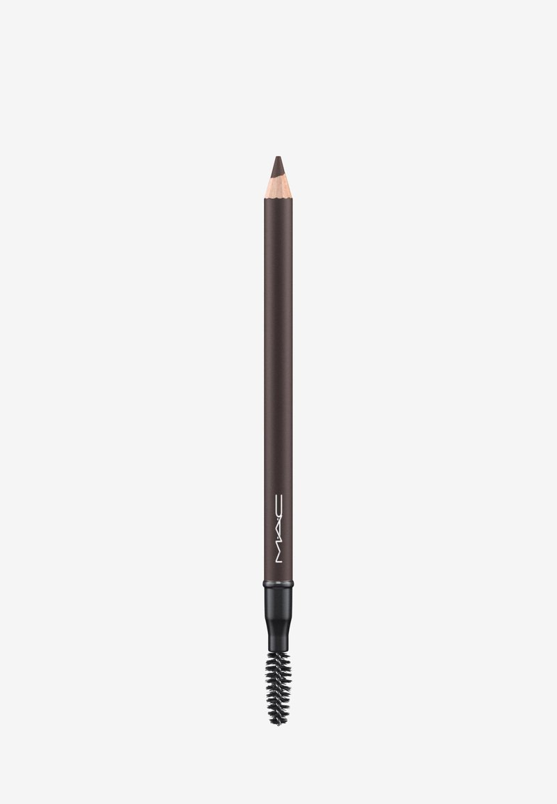 Crayon à sourcils marron avec une mine taillée et un embout brosse spoolie. Fini mat, design épuré et marquage gravé sur le corps.
