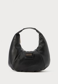 Black leather hobo bag with a rounded design, soft texture, and a small rectangular plaque on the front, featuring gold hardware accents.