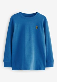 Langärmliger blauer Pullover aus weichem Stoff, mit einem Rundhalsausschnitt und einem kleinen gelben Hummer-Logo auf der Brust.