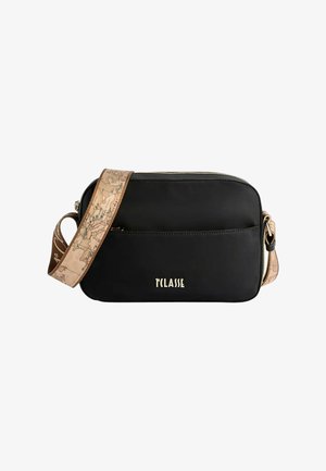Borsa a tracolla nera in sintetico con chiusura a zip, tracolla beige a fantasia, logo in oro in rilievo e tasca frontale con chiusura a zip.