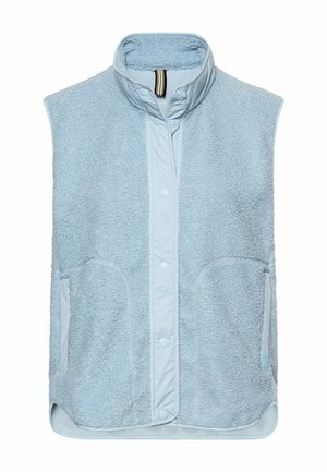 Lichtblauw fleecevest met hoge kraag, drukknoopsluiting voor, en zijzakken, ontworpen voor warmte en casual gebruik.