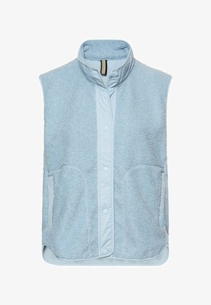 Hellblaue Fleeceweste mit hohem Kragen, Druckknopfverschluss vorne und Seitentaschen, entwickelt für Wärme und Freizeitkleidung.