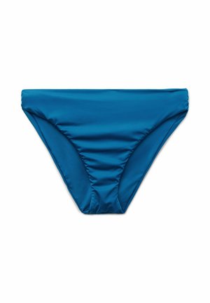 Bas de bikini féminin bleu avec un tissu lisse légèrement froncé, présenté à plat sur un fond blanc.