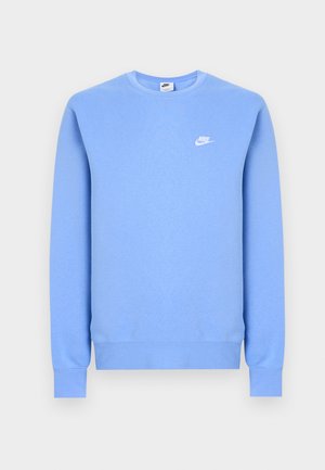 Lyseblå Nike-genser med lange ermer, rund hals, ribbestrikkede mansjetter og nederkant, samt liten hvit Nike-logo på venstre bryst.