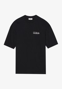 Black short-sleeve t-shirt made of soft fabric, featuring Japanese text in white on the left chest area, with a relaxed fit.