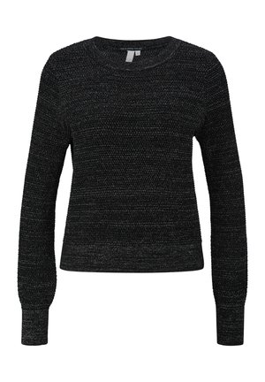 Zwarte gebreide trui met lange mouwen, ronde hals, textuurstof en geribde manchetten en zoom. Bevat subtiele accenten van metallic draad.