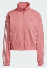 Rosa zip-up jacka med hög krage, vita tre-stripes design på ärmarna, elastisk nederkant och en subtil logotyp på bröstet. Mjuk, sportig tyg.
