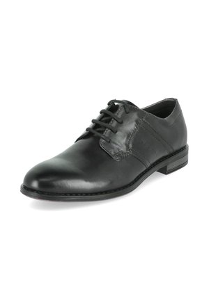 Schwarzer Herrenschuh aus Leder mit abgerundeter Spitze, Schnürverschluss vorne, niedrigem Absatz und dezenten Steppnähten.