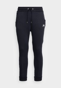 Mørkeblå bomulds sweatpants med snor i taljen, sidelommer og ribbede manchetter; har et hvidt logo på venstre lomme.
