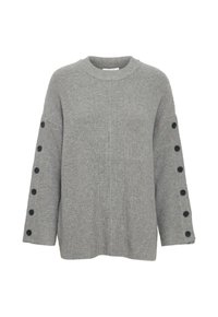 Maglione grigio lavorato a maglia con una texture a coste, caratterizzato da un colletto rotondo e maniche lunghe con dettagli in nero sui polsini.