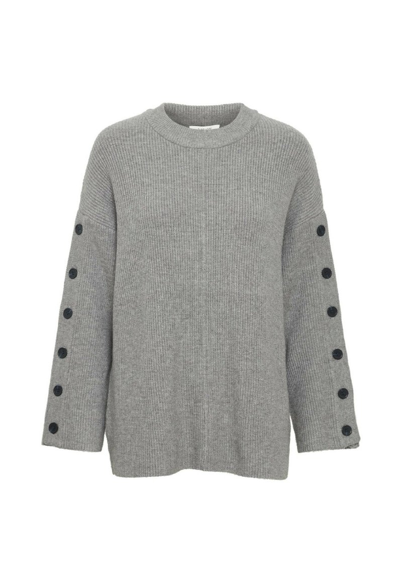 Maglione grigio lavorato a maglia con una texture a coste, caratterizzato da un colletto rotondo e maniche lunghe con dettagli in nero sui polsini.