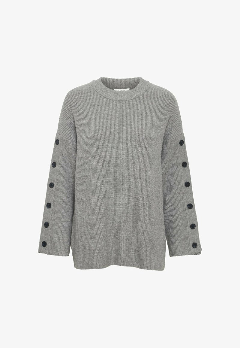 Maglione grigio lavorato a maglia con una texture a coste, caratterizzato da un colletto rotondo e maniche lunghe con dettagli in nero sui polsini.