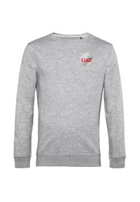 Felpa grigia con un design rotondo simile a un tappo di bottiglia, con il testo "Diet Coke" in rosso, realizzata in tessuto morbido, con maniche lunghe e polsini a costine.